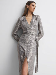 Reiss Dresses | Falan Halston Sequin Wrap Midi Dress Silver - Women