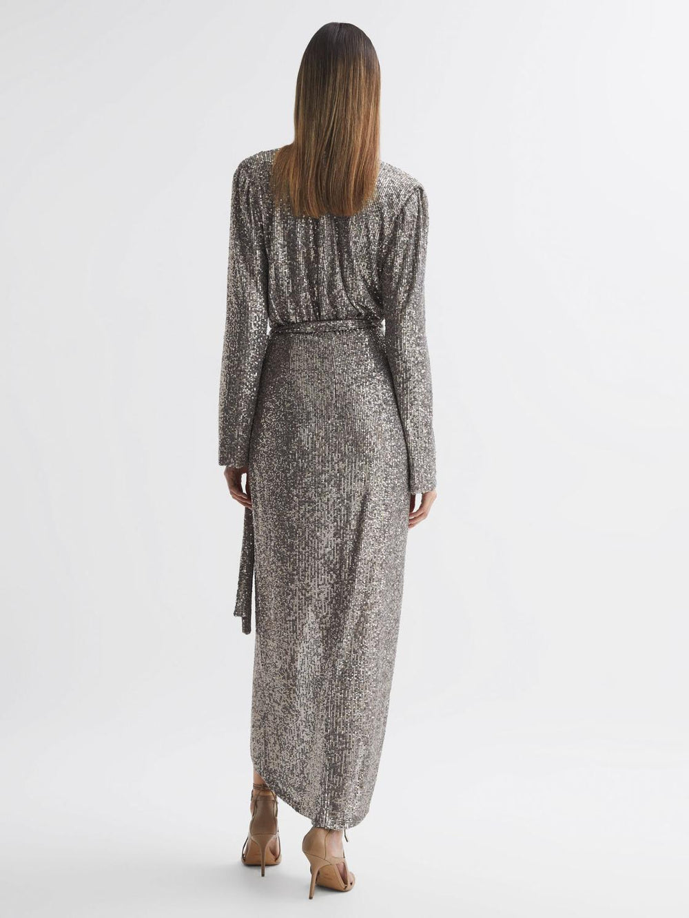 Reiss Dresses | Falan Halston Sequin Wrap Midi Dress Silver - Women