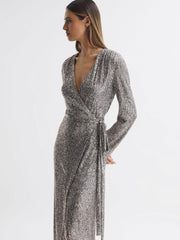 Reiss Dresses | Falan Halston Sequin Wrap Midi Dress Silver - Women