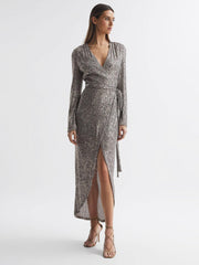 Reiss Dresses | Falan Halston Sequin Wrap Midi Dress Silver - Women