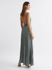 Reiss Dresses | Fern Fitted Lace Halter Neck Maxi Dress Silver - Women