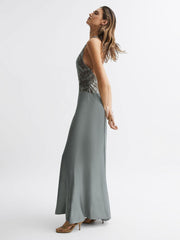 Reiss Dresses | Fern Fitted Lace Halter Neck Maxi Dress Silver - Women