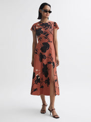 Reiss Dresses | Floella Floral Printed Midi Dress Blush/black - Women