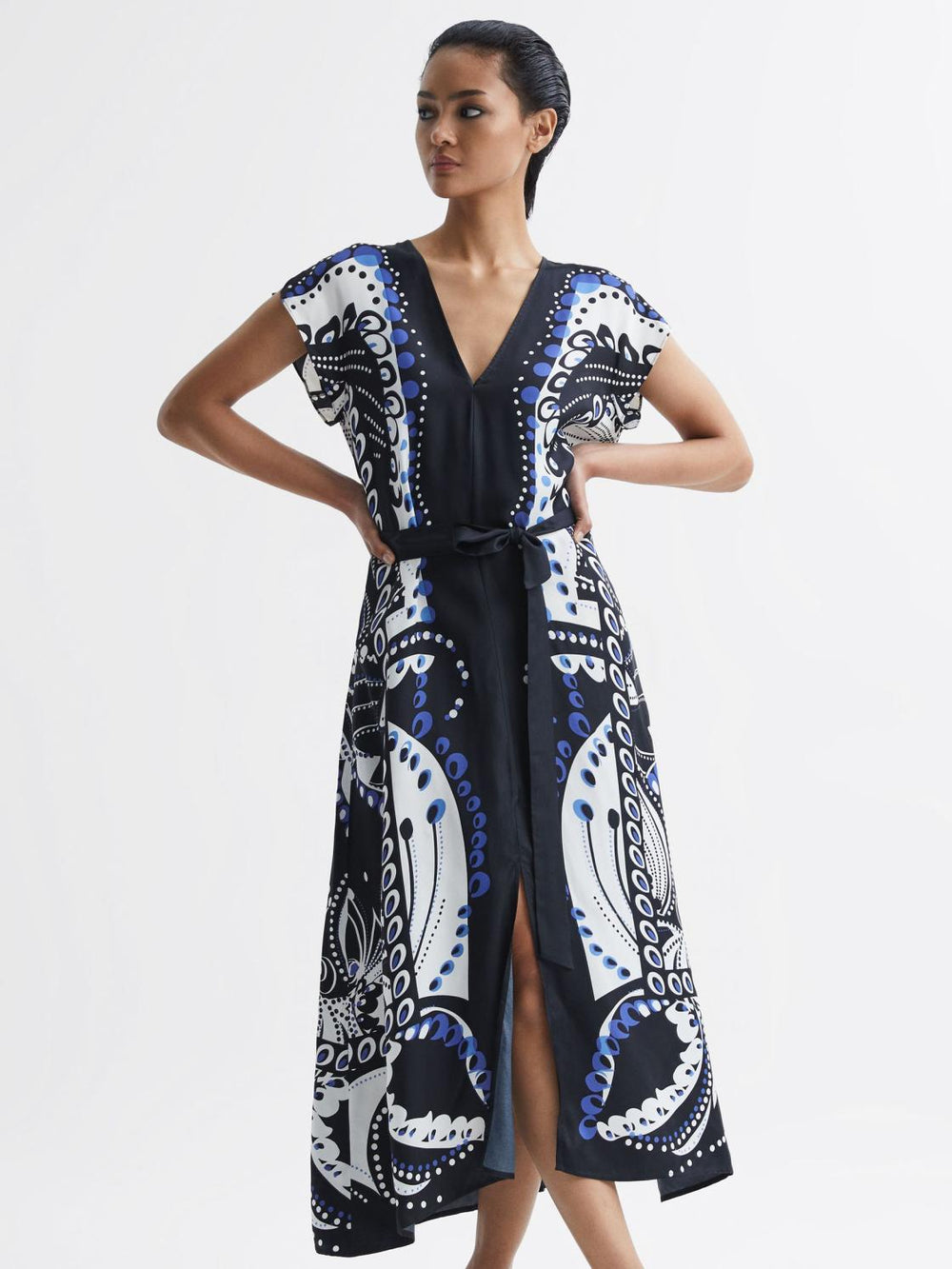 Reiss Dresses | Freja Scarf Printed Midi Dress Navy/white - Women