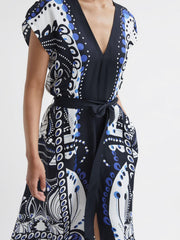 Reiss Dresses | Freja Scarf Printed Midi Dress Navy/white - Women