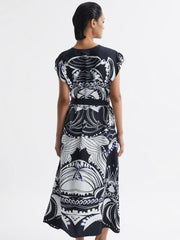 Reiss Dresses | Freja Scarf Printed Midi Dress Navy/white - Women