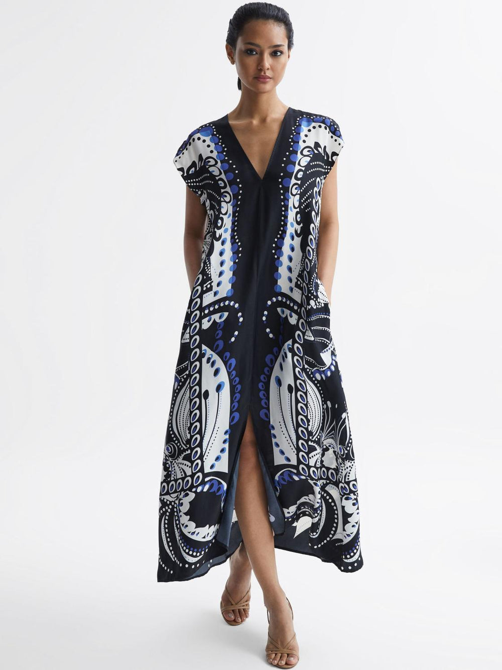 Reiss Dresses | Freja Scarf Printed Midi Dress Navy/white - Women