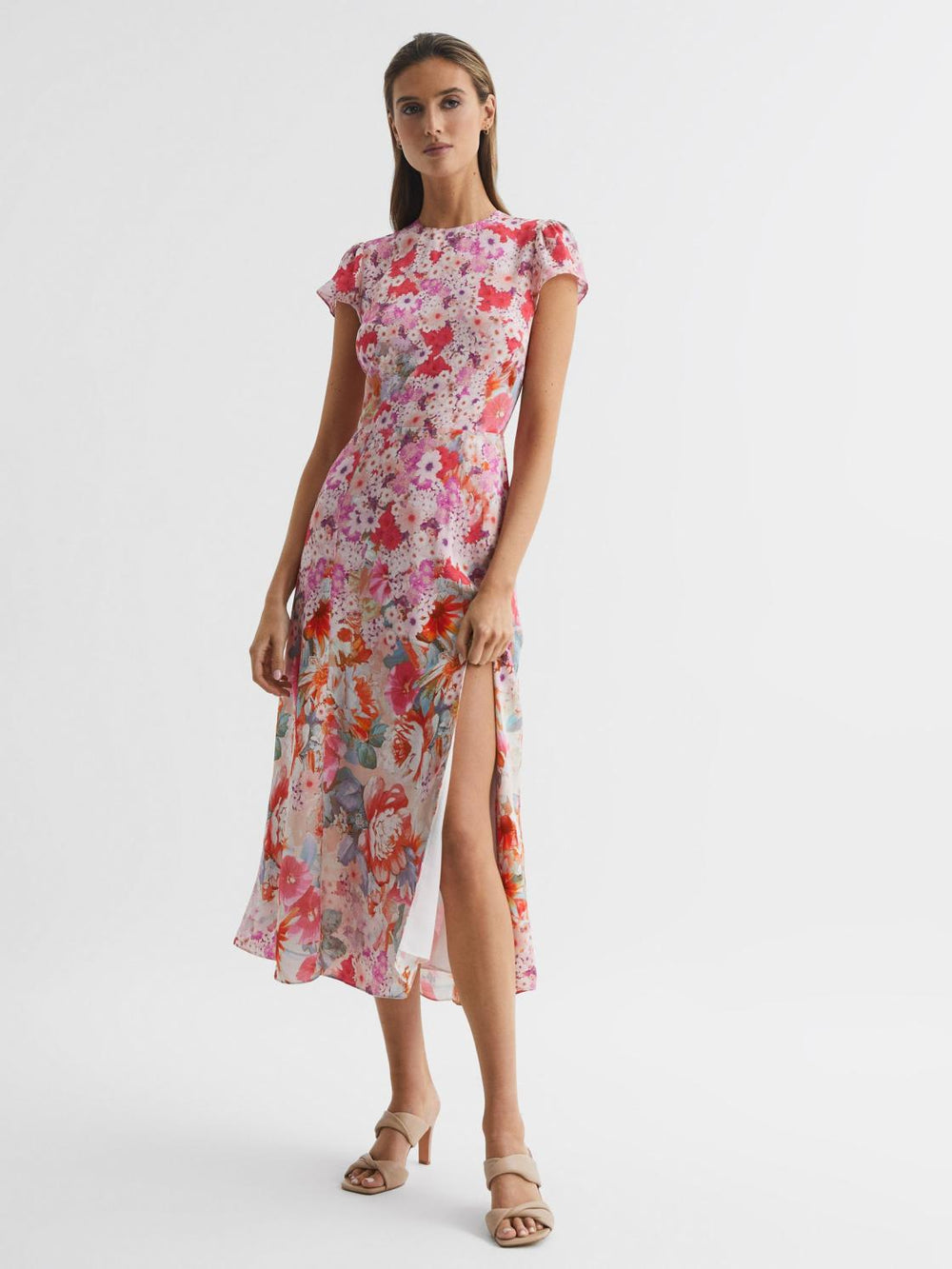 Reiss Dresses | Ivy Floral Print Midi Dress Pink - Women