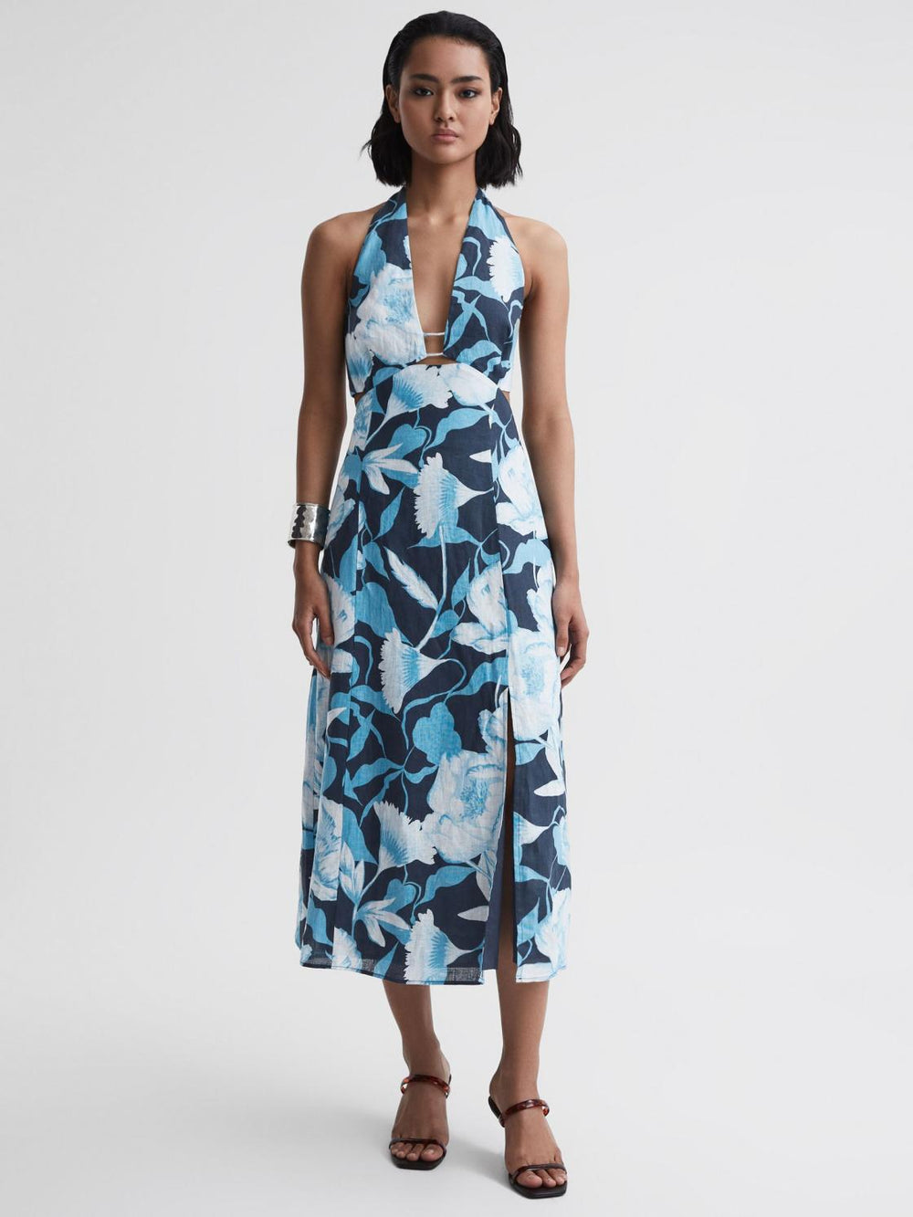 Reiss Dresses | Kaia Linen Halter Neck Midi Dress Navy/blue - Women