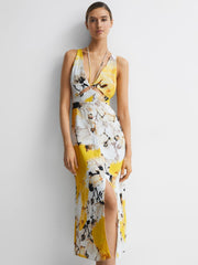 Reiss Dresses | Kasia Fitted Floral Print Midi Dress Yellow - Women