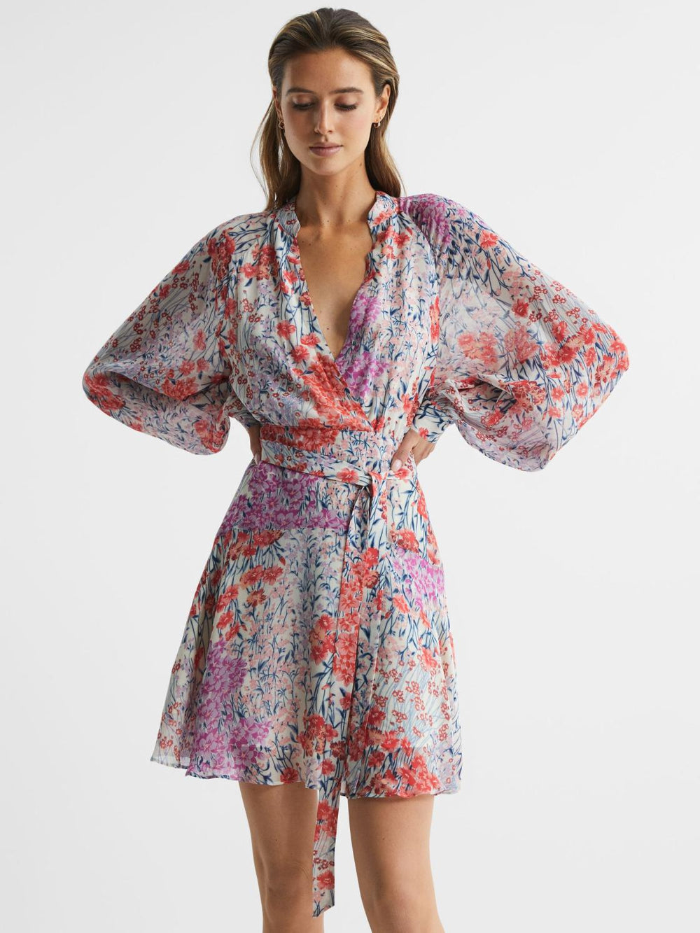 Reiss Dresses | Kiera Floral Printed Mini Dress Coral/white - Women