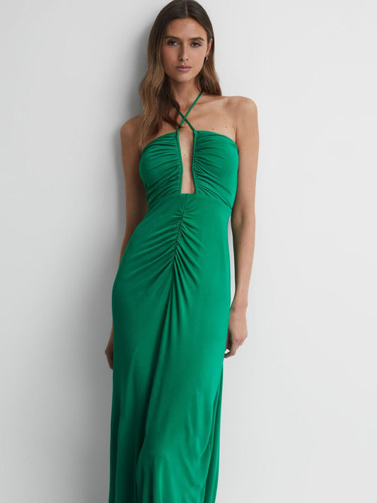 Reiss Dresses | Lana Plunge Halter Neck Maxi Dress Green - Women