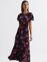 Reiss Dresses | Leni Cap Sleeve Maxi Dress Black/pink - Women