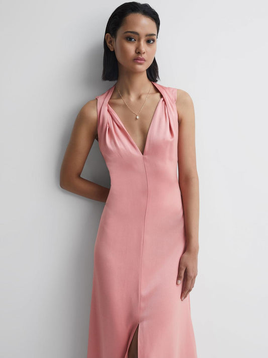 Reiss Dresses | Lila Bridesmaid Twist Detail Midi Dress Coral - Women