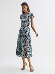 Reiss Dresses | Livia Printed Cut Out Back Midi Dress Blue - Women