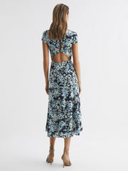 Reiss Dresses | Livia Printed Cut Out Back Midi Dress Blue - Women