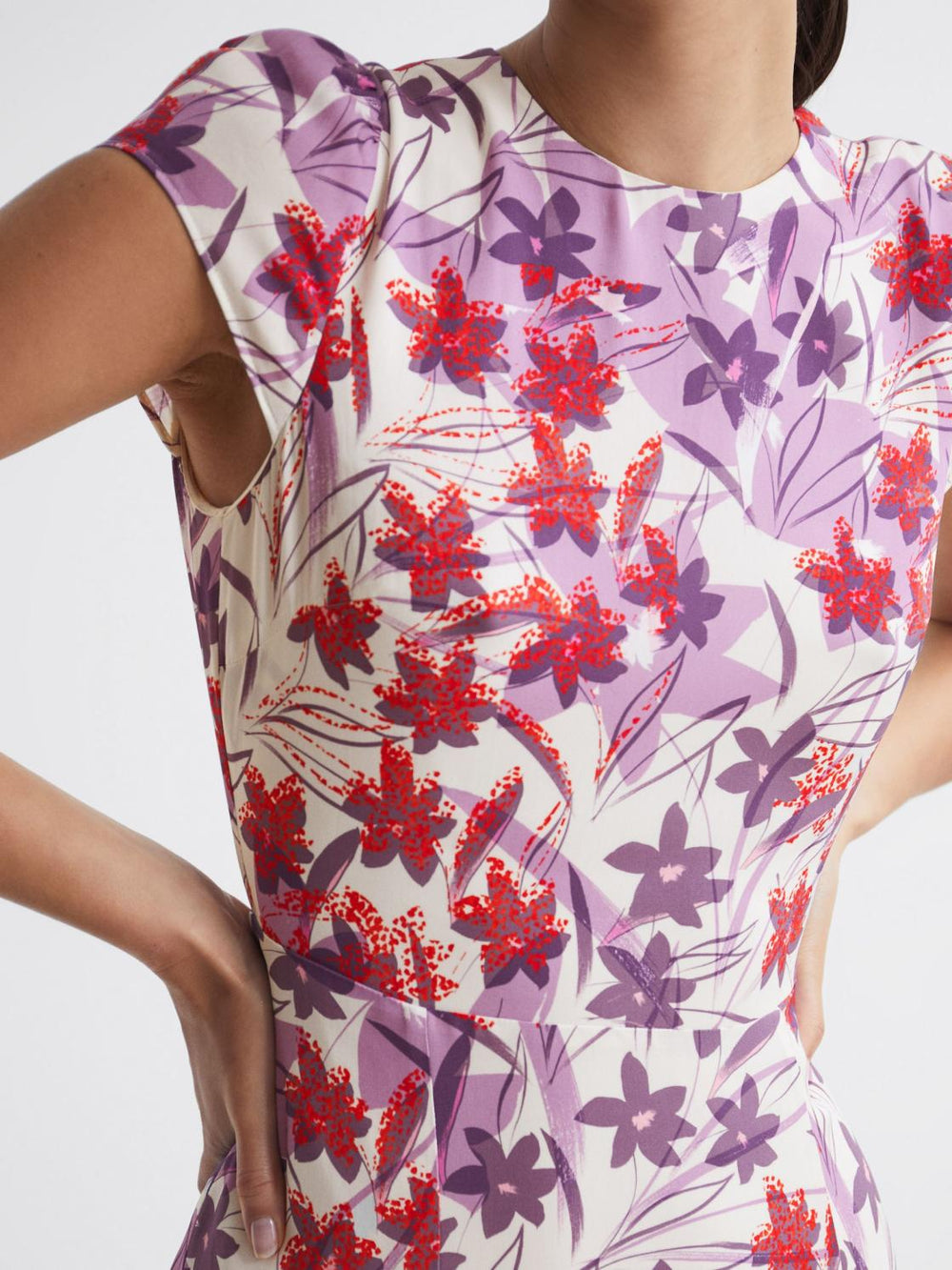 Reiss Dresses | Livia Printed Cut Out Back Midi Dress Pink/purple - Women