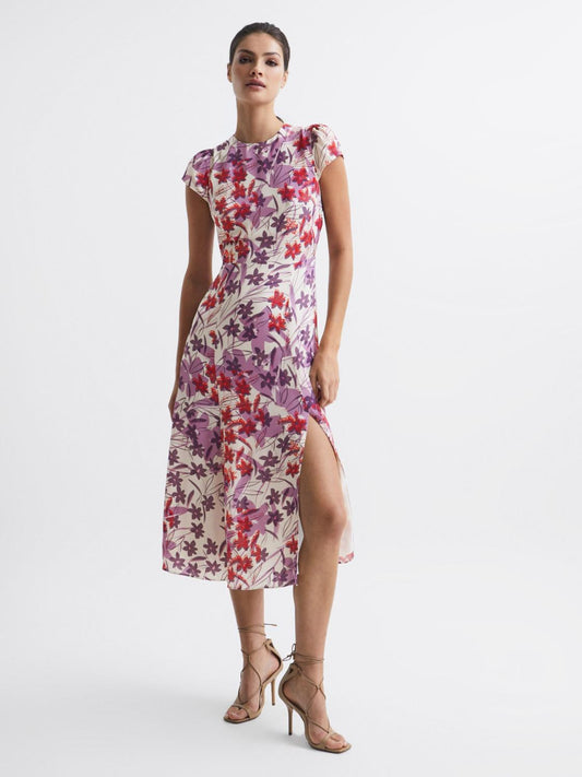 Reiss Dresses | Livia Printed Cut Out Back Midi Dress Pink/purple - Women