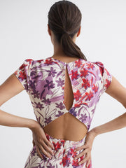 Reiss Dresses | Livia Printed Cut Out Back Midi Dress Pink/purple - Women