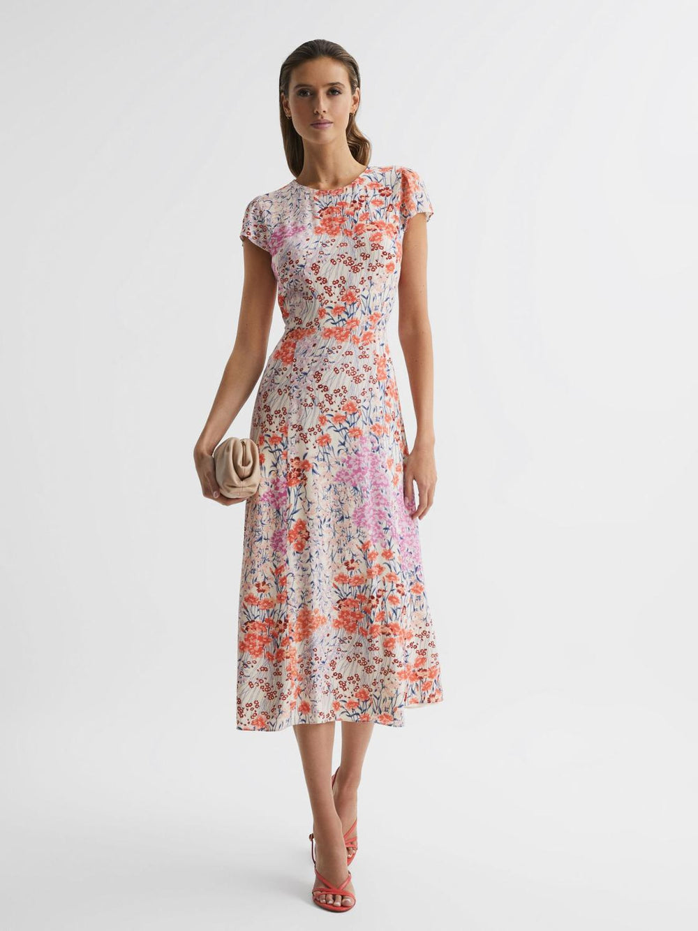Reiss Dresses | Luna Floral Print Cap Sleeve Dress Coral/white - Women