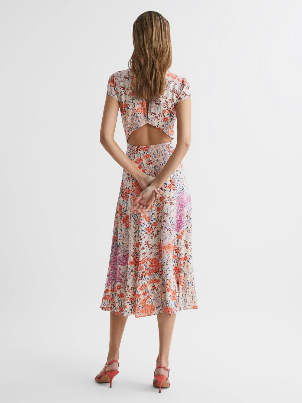 Reiss Dresses | Luna Floral Print Cap Sleeve Dress Coral/white - Women