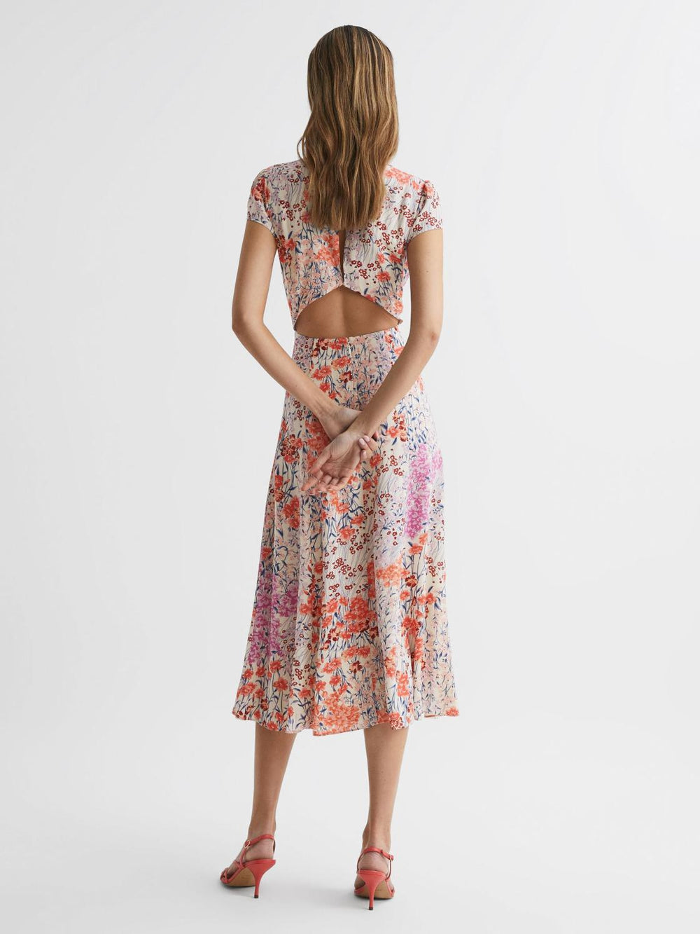 Reiss Dresses | Luna Floral Print Cap Sleeve Dress Coral/white - Women