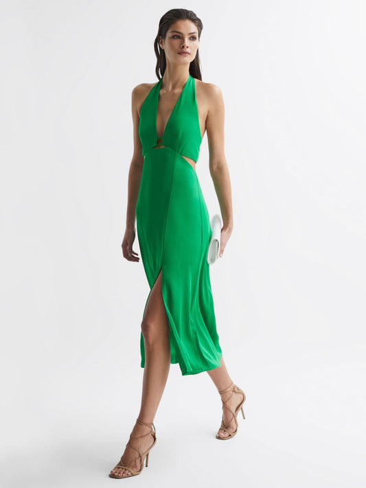 Reiss Dresses | Maia Fitted Halter Neck Midi Dress Green - Women