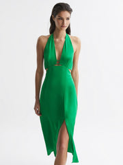 Reiss Dresses | Maia Fitted Halter Neck Midi Dress Green - Women