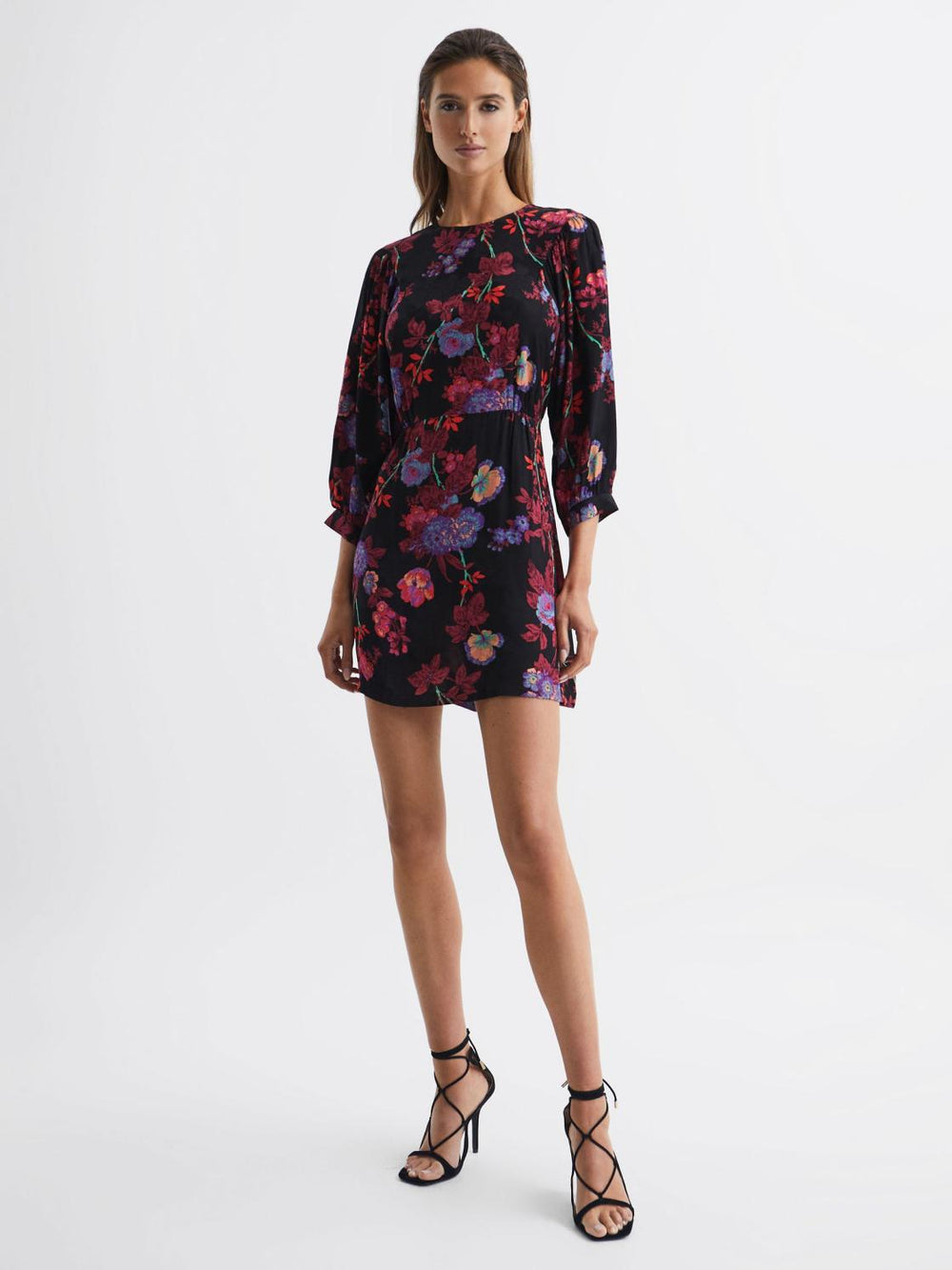 Reiss Dresses | Paulina Fitted Floral Print Mini Dress Black/pink - Women