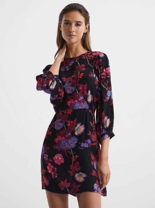 Reiss Dresses | Paulina Fitted Floral Print Mini Dress Black/pink - Women