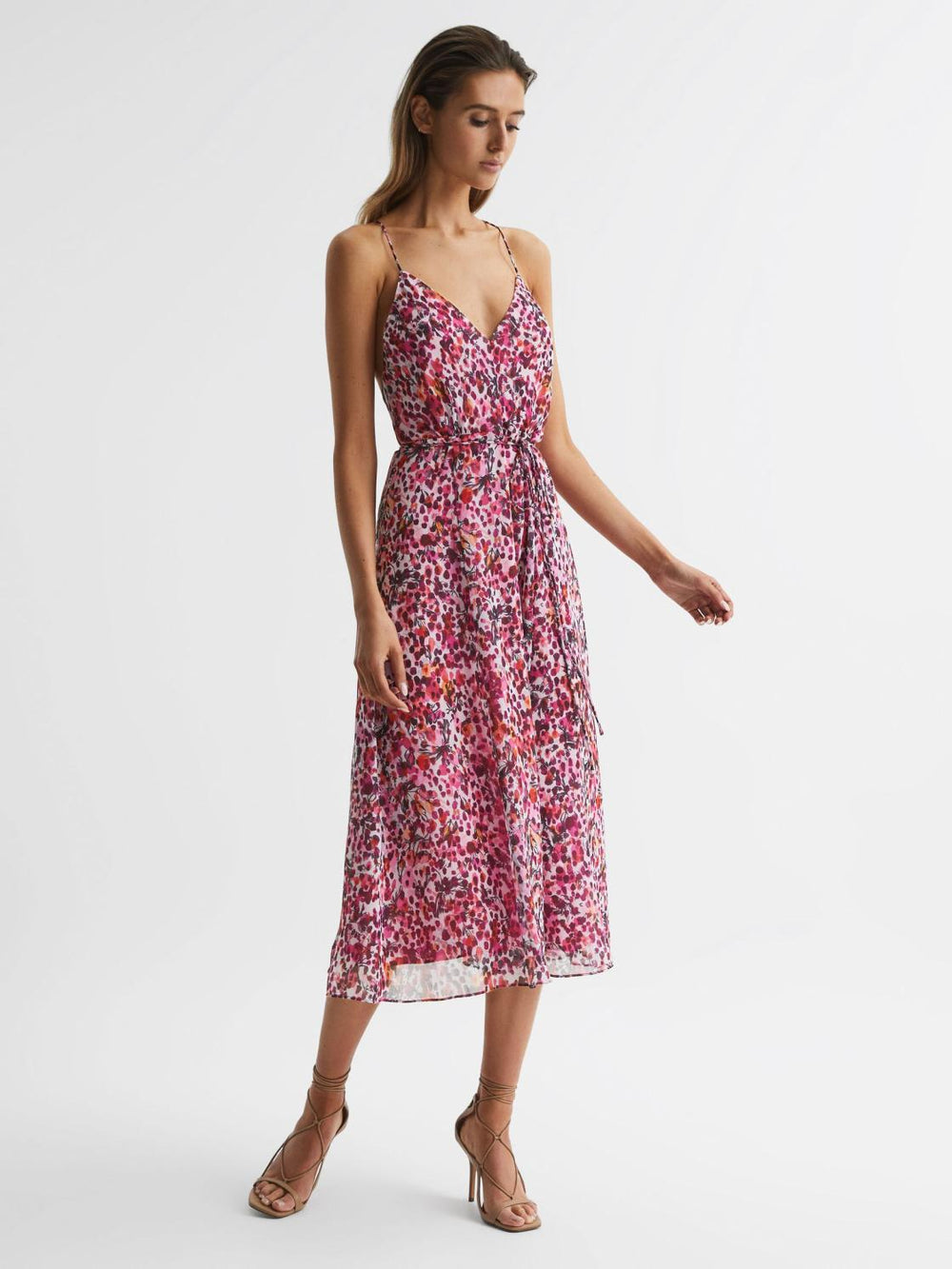 Reiss Dresses | Pippa Floral Printed Midi Dress Pink - Women