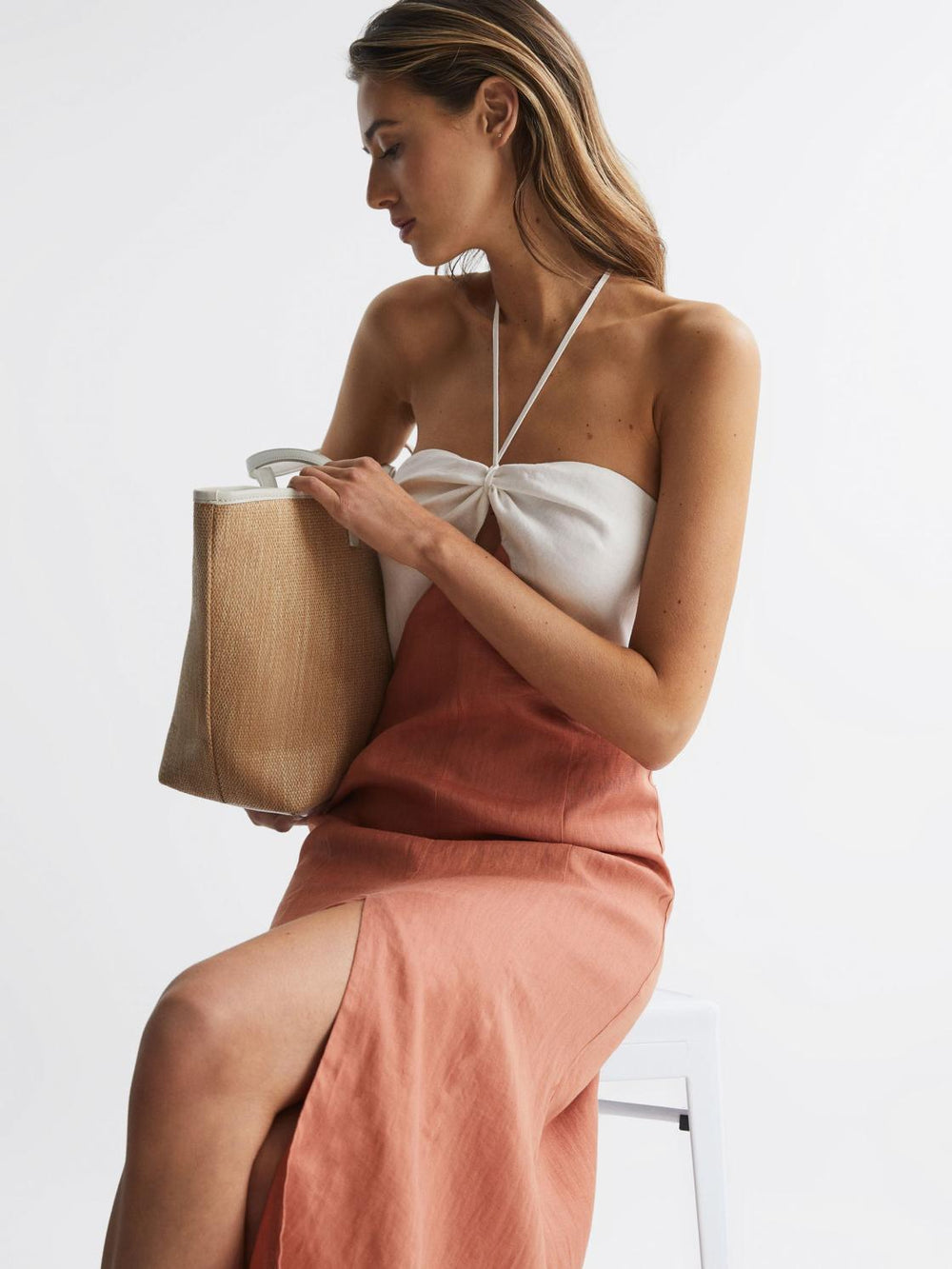 Reiss Dresses | Sian Linen Colour Block Midi Dress Rust/white - Women