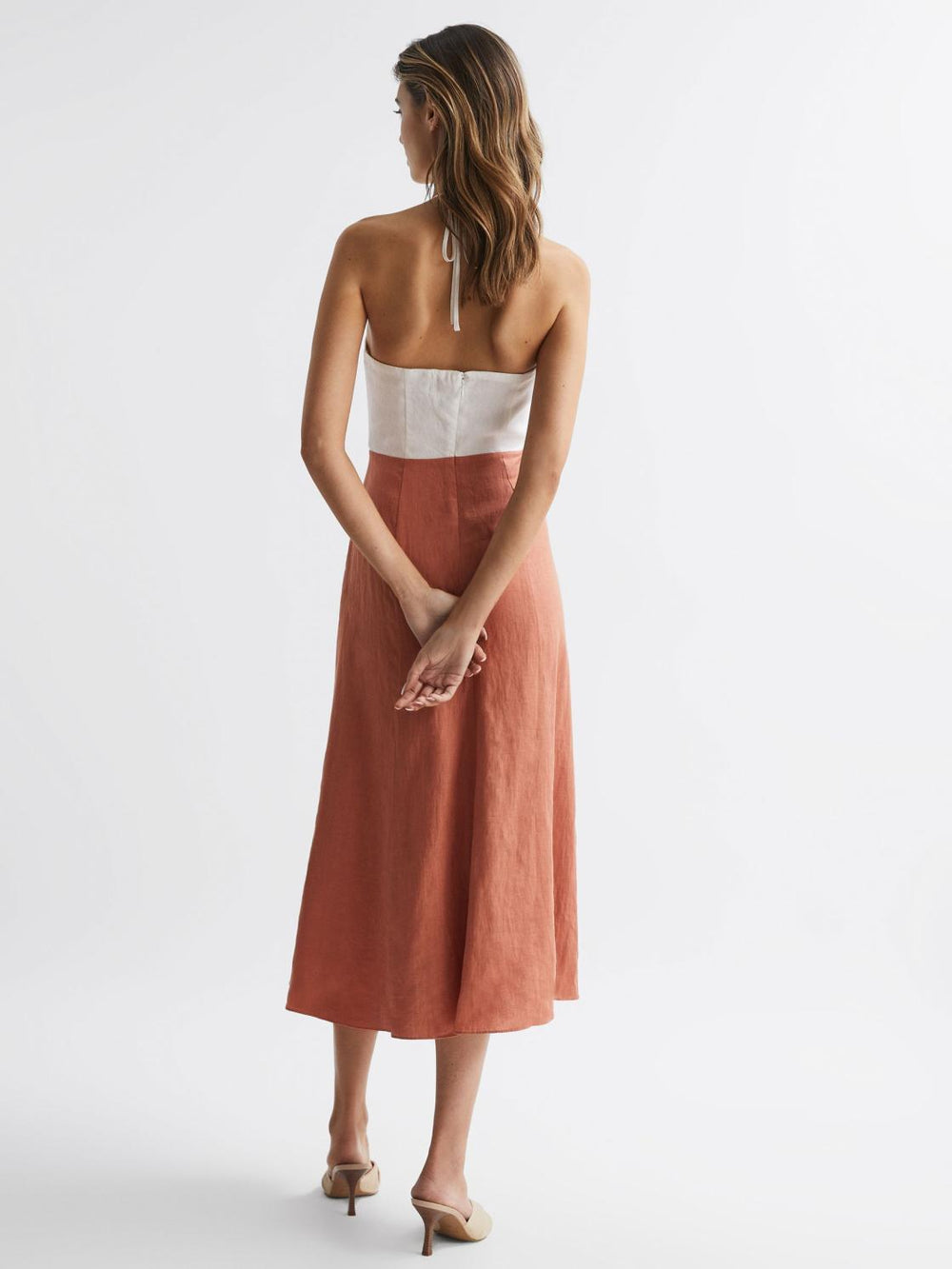 Reiss Dresses | Sian Linen Colour Block Midi Dress Rust/white - Women