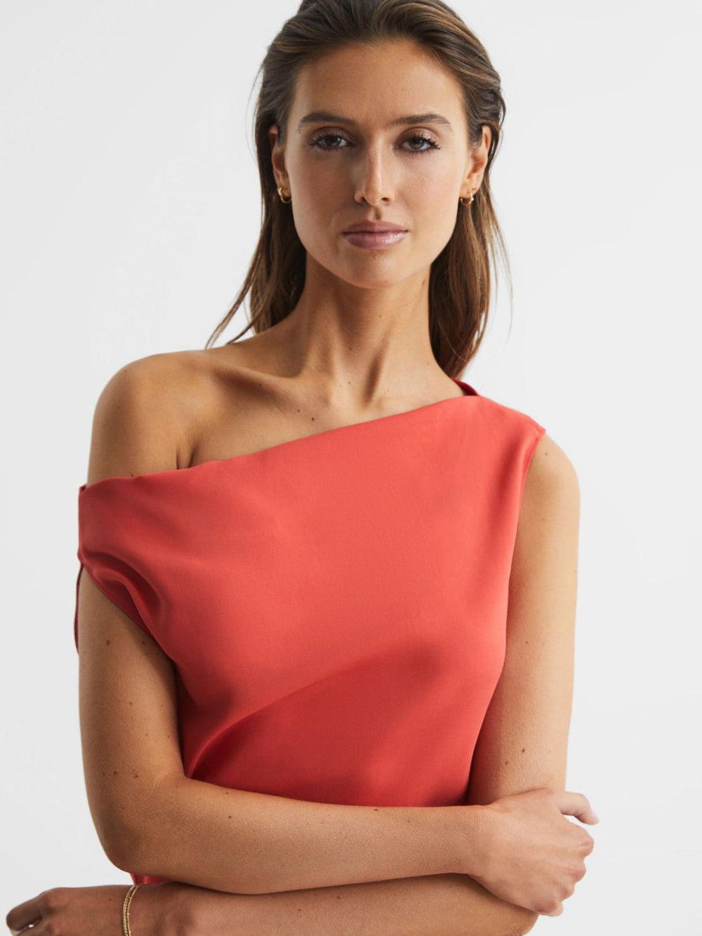 Reiss Dresses | Zaria Off-Shoulder Bodycon Midi Dress Coral - Women
