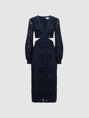 Reiss Dresses | Zena Lace Cut-Out Midi Dress Navy - Women