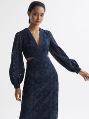 Reiss Dresses | Zena Lace Cut-Out Midi Dress Navy - Women