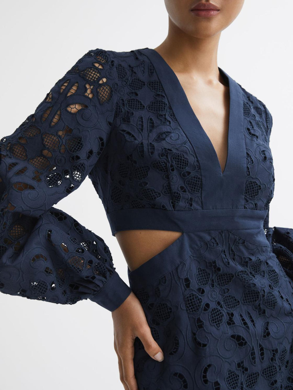 Reiss Dresses | Zena Lace Cut-Out Midi Dress Navy - Women