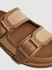 Reiss Flats | Ezra Raffia Leather Sliders Natural - Women