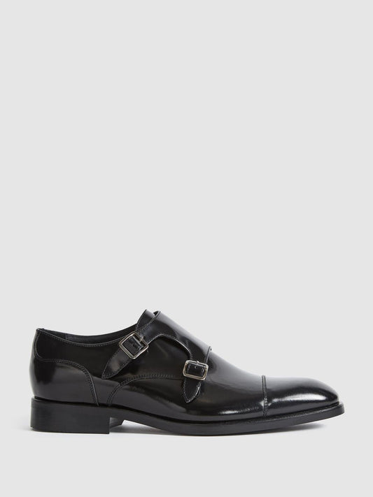 Reiss Formal Shoes | Rivington High Shine Leather Monk Strap Shoes Black - Men