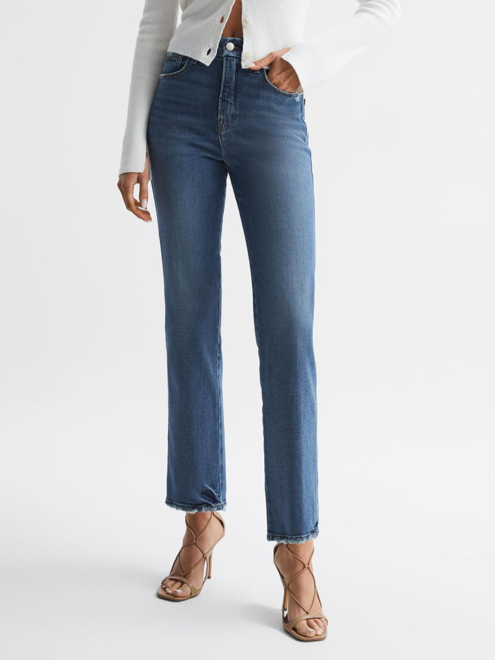 Reiss Jeans | Good American Good American Distressed Straight Leg Jeans Mid Blue - Women