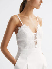 Reiss Jumpsuits | Daphine Lace Plunge Neck Playsuit Ivory - Women
