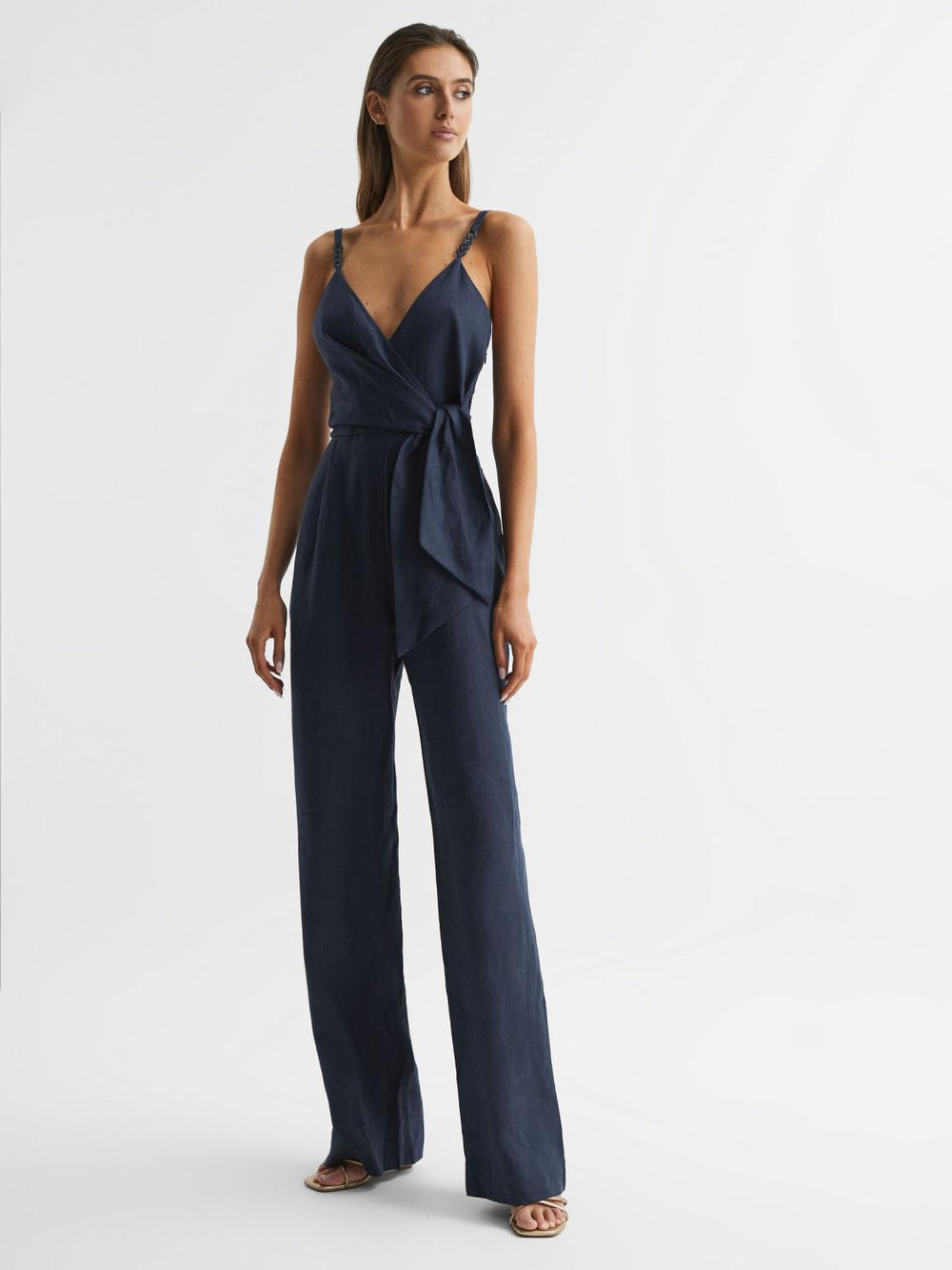 Reiss Jumpsuits | Emilia V-Neck Linen Jumpsuit Navy - Women