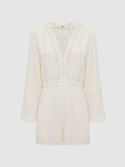 Reiss Jumpsuits | Rachelle Long Sleeve Lattice Playsuit Cream - Women