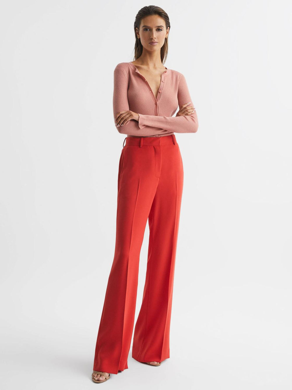 Reiss Knitwear | Arabella Silk Wool Blend Ribbed Cardigan Pink - Women