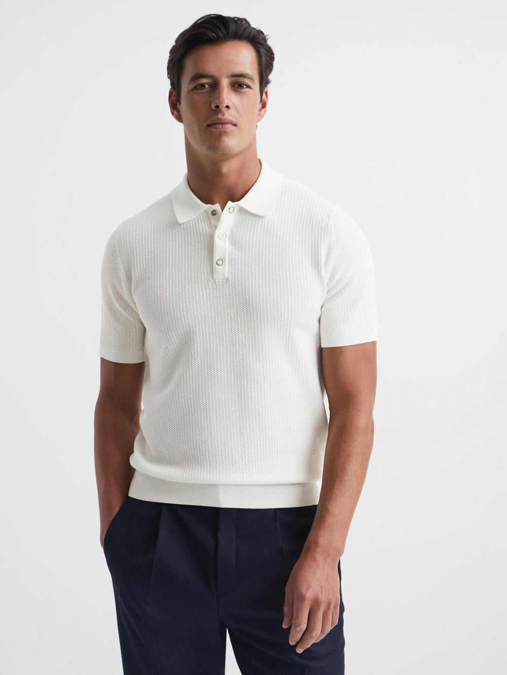 Reiss Knitwear | Bennie Press Stud Textured Polo Shirt Airforce Blue - Men