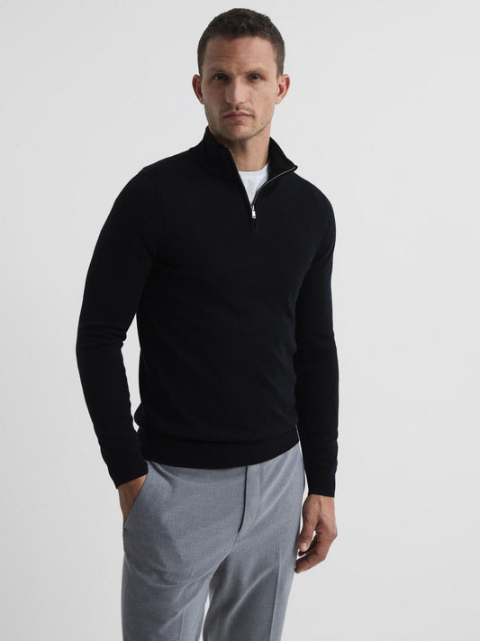 Reiss Knitwear | Blackhall Merino Wool Zip Neck Jumper Black - Men