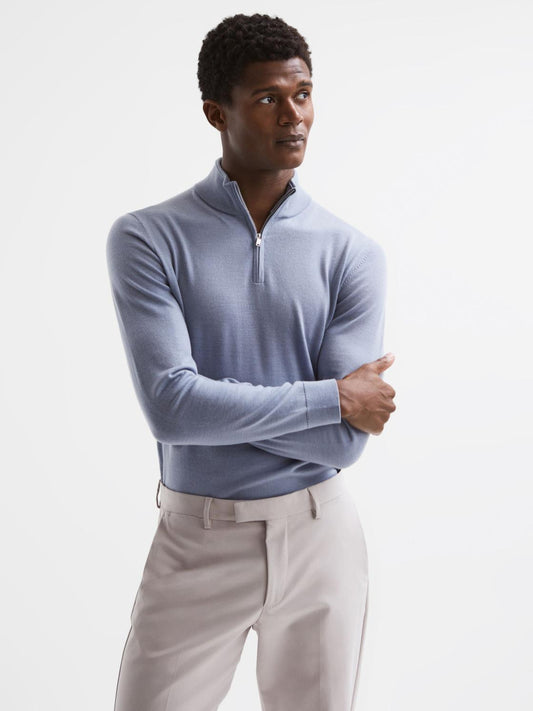 Reiss Knitwear | Blackhall Merino Wool Zip Neck Jumper Dove Blue - Men