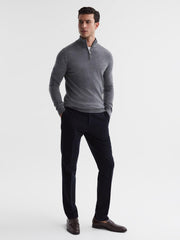 Reiss Knitwear | Blackhall Merino Wool Zip Neck Jumper Mid Grey Melange - Men