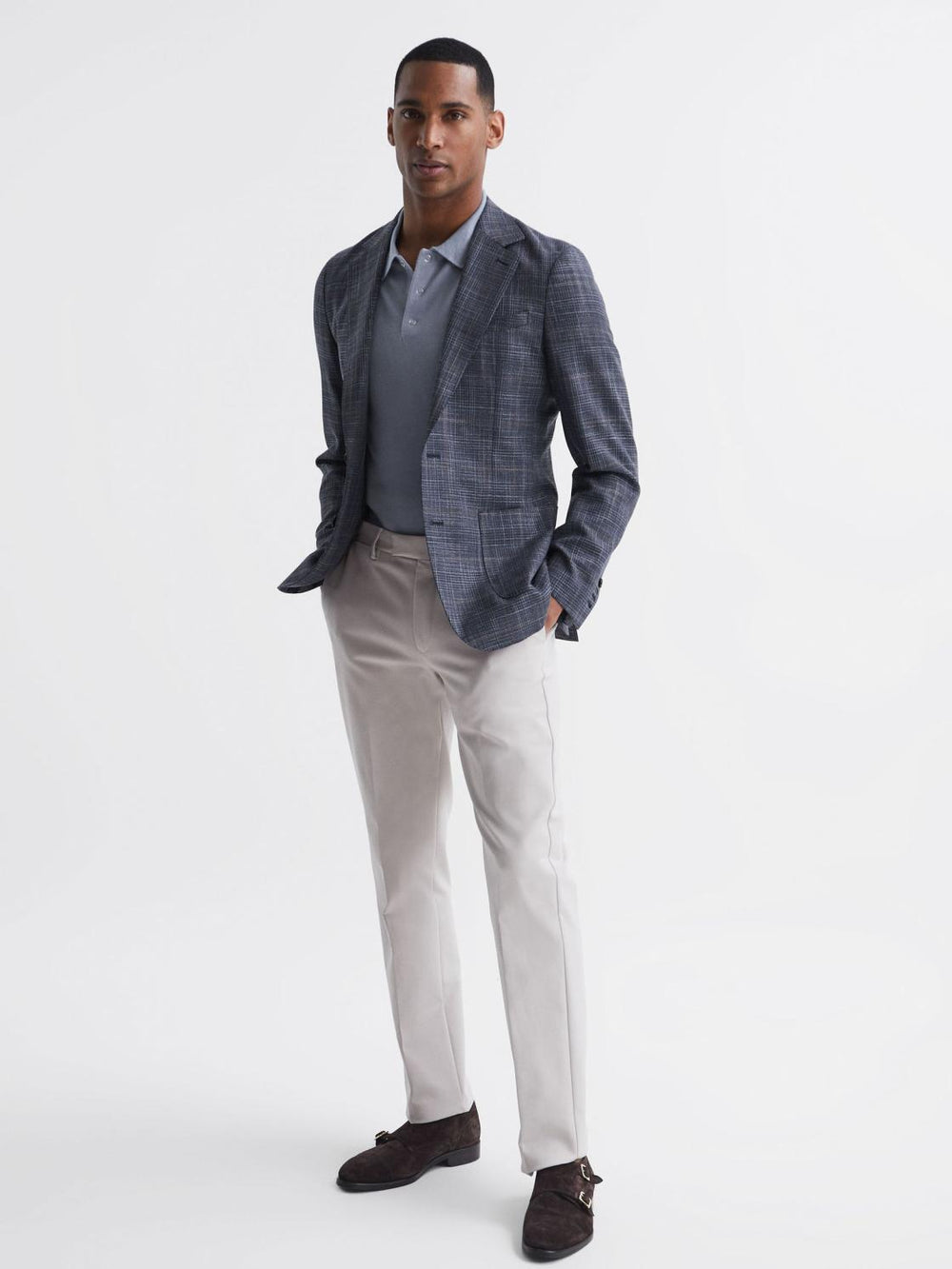 Reiss Knitwear | Blair Blue Merino Press Stud Polo Shirt Dove Blue - Men