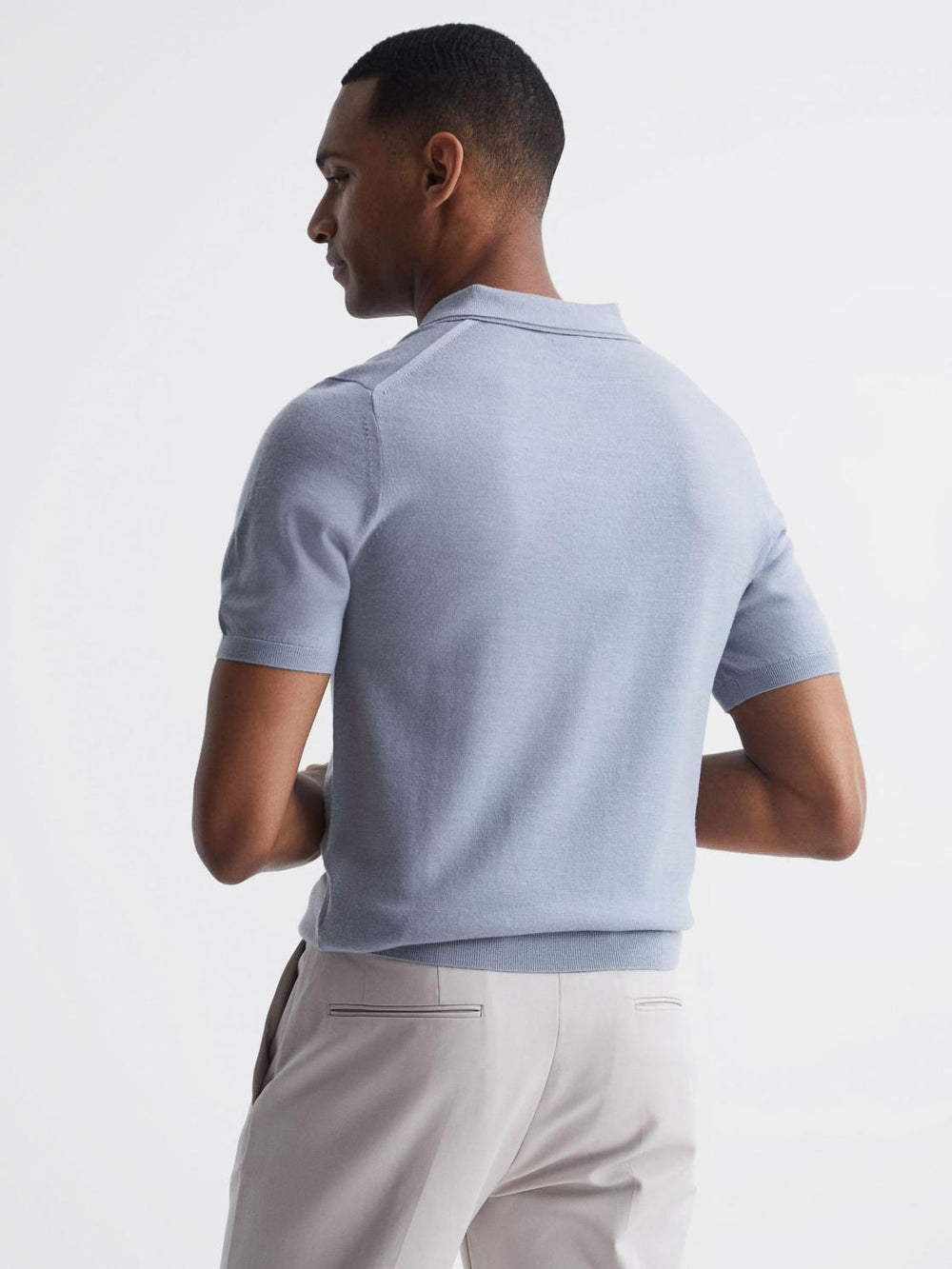 Reiss Knitwear | Blair Blue Merino Press Stud Polo Shirt Dove Blue - Men